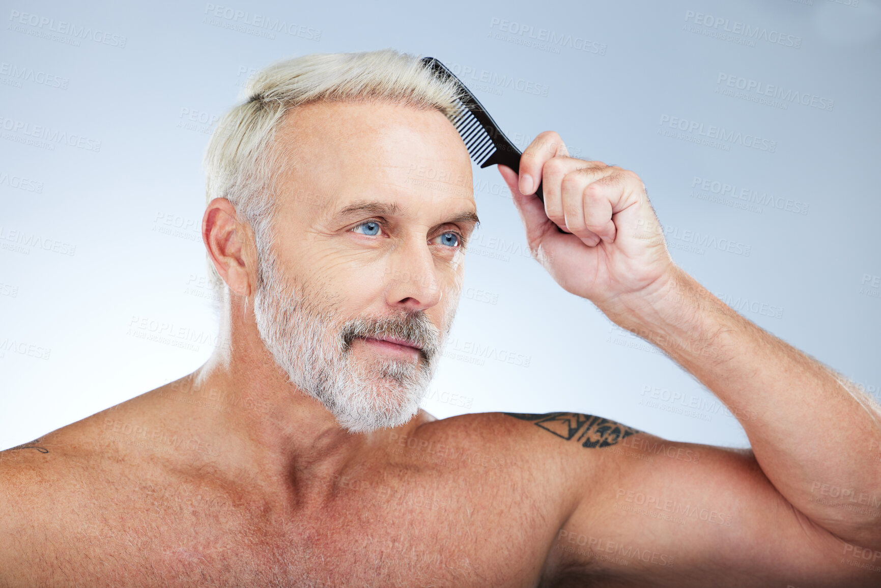 Buy stock photo Old man, comb hair and grooming, beauty and haircare with hygiene and skin isolated on studio background. Senior male, cosmetics and brushing with cosmetology, routine and hairstyle with self care