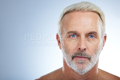 Buy stock photo Senior man, portrait and hygiene with beauty and grooming with skincare on studio background. Mockup space, face with dermatology and anti aging cosmetic care, clean with serious male and wellness