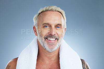 Buy stock photo Beauty, shower and portrait of man in studio for clean, self care and morning routine. Cosmetics, dermatology and facial with male and towel on grey background for grooming, hygiene and spa treatment