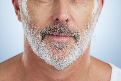 Buy stock photo Beauty, beard and mouth of man in studio for grooming, hygiene and maintenance. Haircare, style and barber with senior male isolated on gray background for skincare, growth and facial cosmetics
