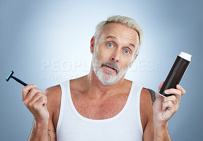 Buy stock photo Shave, confused and portrait of a senior man in studio  thinking with grooming razor. Isolated, grey background and elderly male model with hygiene, shaving cream and skincare routine with doubt