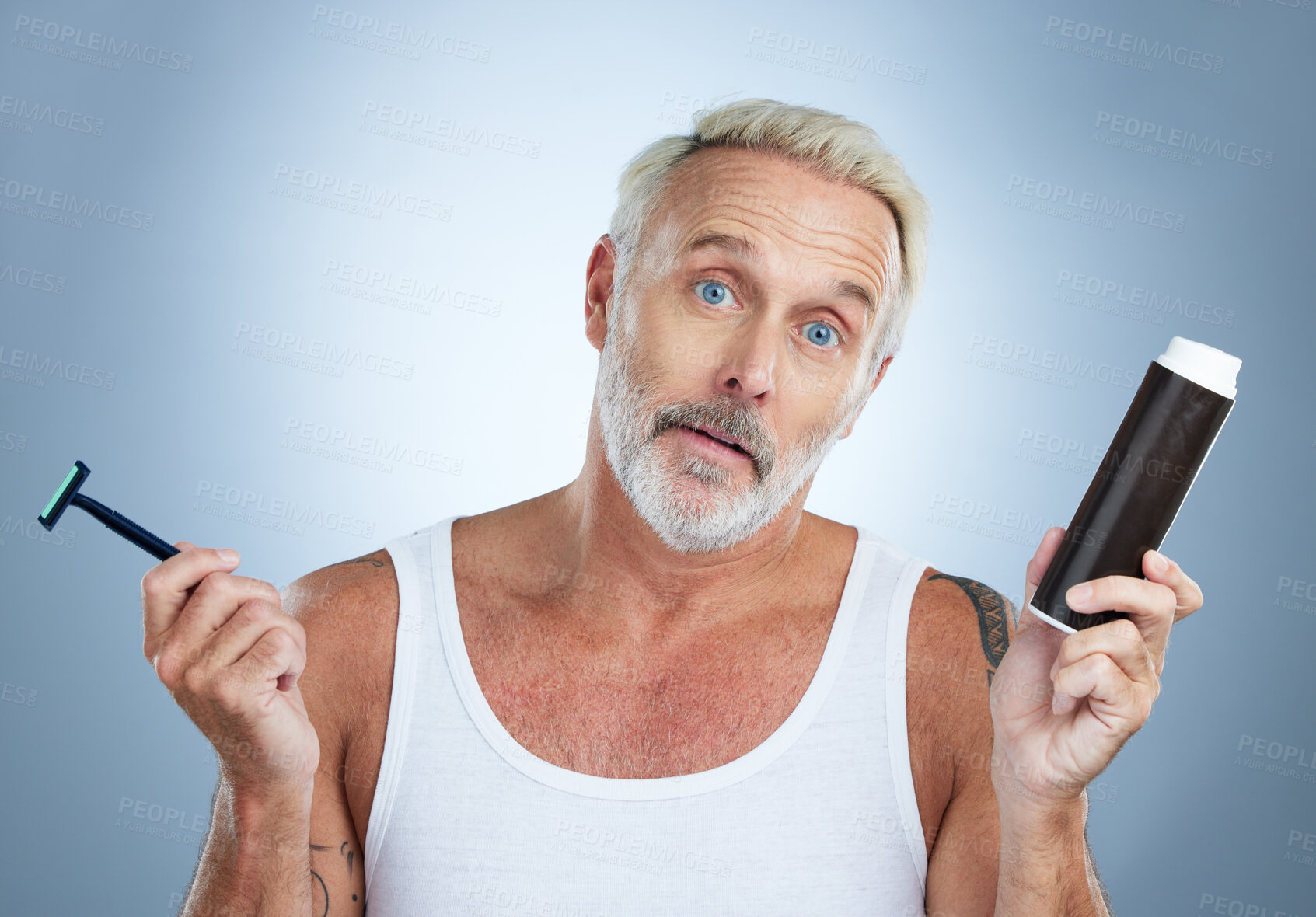 Buy stock photo Shave, confused and portrait of a senior man in studio  thinking with grooming razor. Isolated, grey background and elderly male model with hygiene, shaving cream and skincare routine with doubt