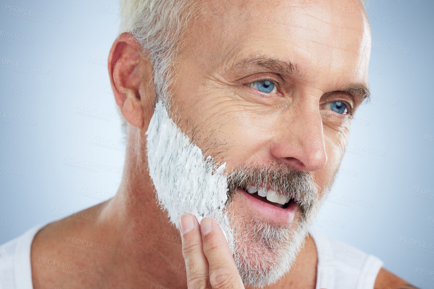 Buy stock photo Mature man, face and shaving cream for grooming, skincare or hair removal against studio background. Closeup of senior male applying shave creme, cosmetics or product for haircare or facial treatment
