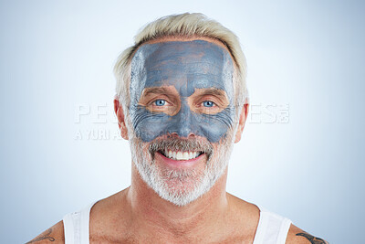 Buy stock photo Mask, skincare and facial with portrait of man in studio for cleansing, detox and spa. Cosmetics, beauty and dermatology with senior model on gray background for anti aging, product and natural