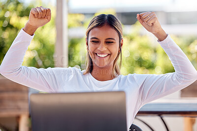 Buy stock photo Winner, laptop and cheering with a freelance woman remote working from a cafe on her small business startup. Wow, motivation or celebration with an attractive young female entrepreneur at work online