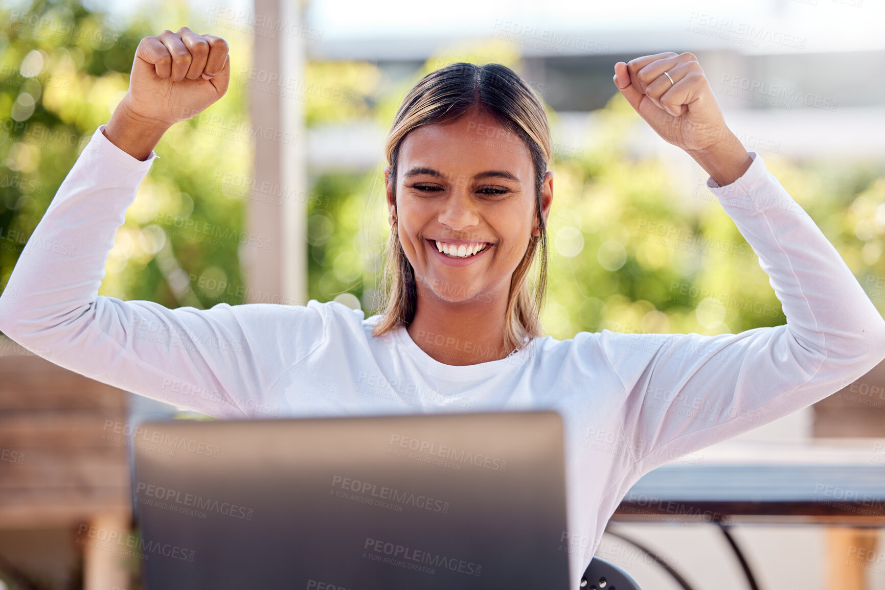 Buy stock photo Winner, laptop and cheering with a freelance woman remote working from a cafe on her small business startup. Wow, motivation or celebration with an attractive young female entrepreneur at work online
