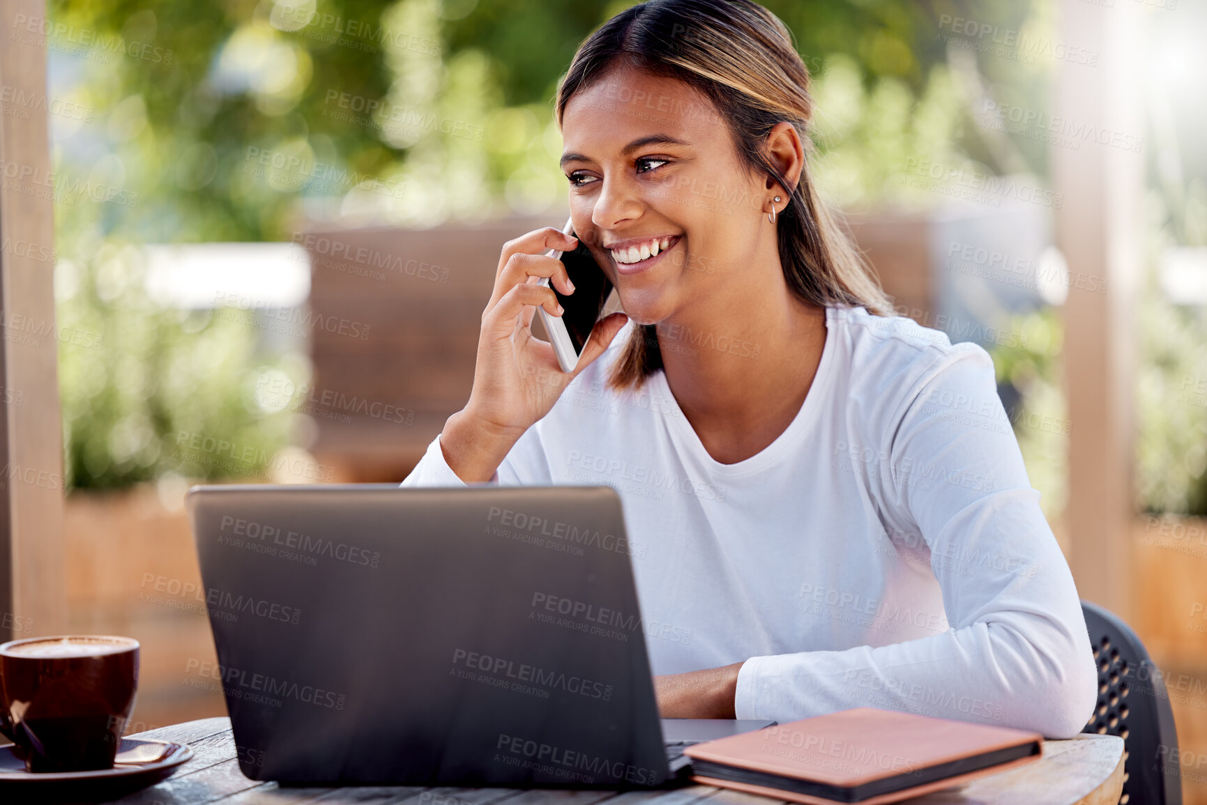 Buy stock photo Study, phone call and laptop with Indian woman at cafe for remote learning, communication and online exam. Contact, technology and college with student at coffee shop for education, project or school