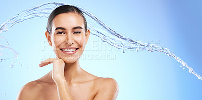 Buy stock photo Water splash, skincare portrait or happy woman with smile or smiling female model face on studio background. Dermatology cosmetics or beautiful girl with facial treatment, beauty or glowing results