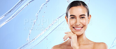 Buy stock photo Banner, skincare portrait or happy woman with beauty or smiling female model face on studio background. Dermatology copy space, water or beautiful girl with facial treatment, smile or glowing results