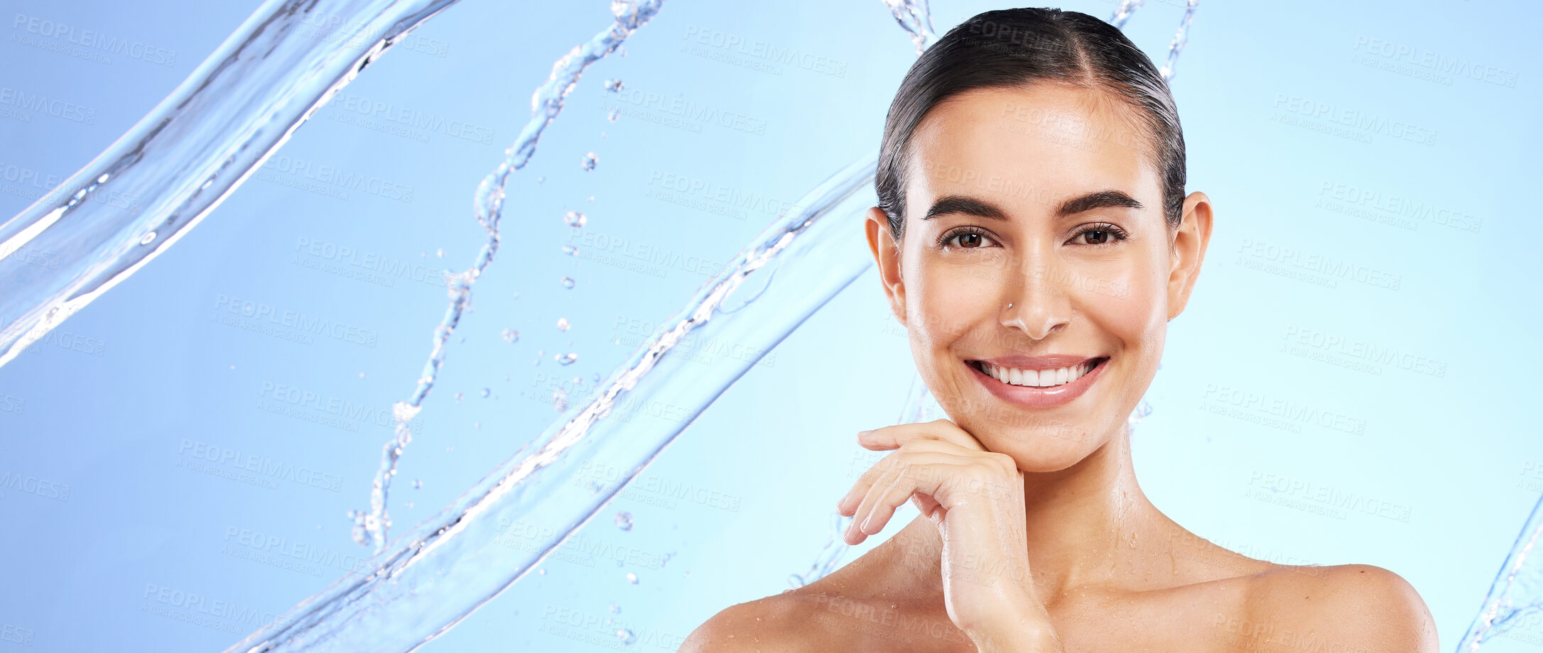 Buy stock photo Banner, skincare portrait or happy woman with beauty or smiling female model face on studio background. Dermatology copy space, water or beautiful girl with facial treatment, smile or glowing results