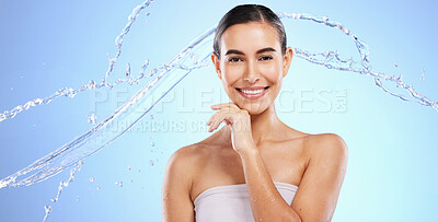 Buy stock photo Water splash, skincare portrait or happy girl with beauty or smiling female model face on studio background. Dermatology cosmetics or beautiful woman with facial treatment, smile or glowing results