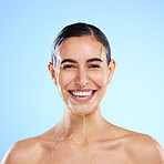 Happy woman, teeth and portrait smile for dental care, skincare or hygiene against a blue studio background. Female face smiling for tooth whitening, oral or mouth surgery and clean beauty on mockup