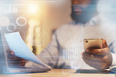 Buy stock photo Businessman, hands and phone with document at night for corporate data, statistics or analytics at the office. Hand of black man working late on company finance or budget with smartphone on overlay