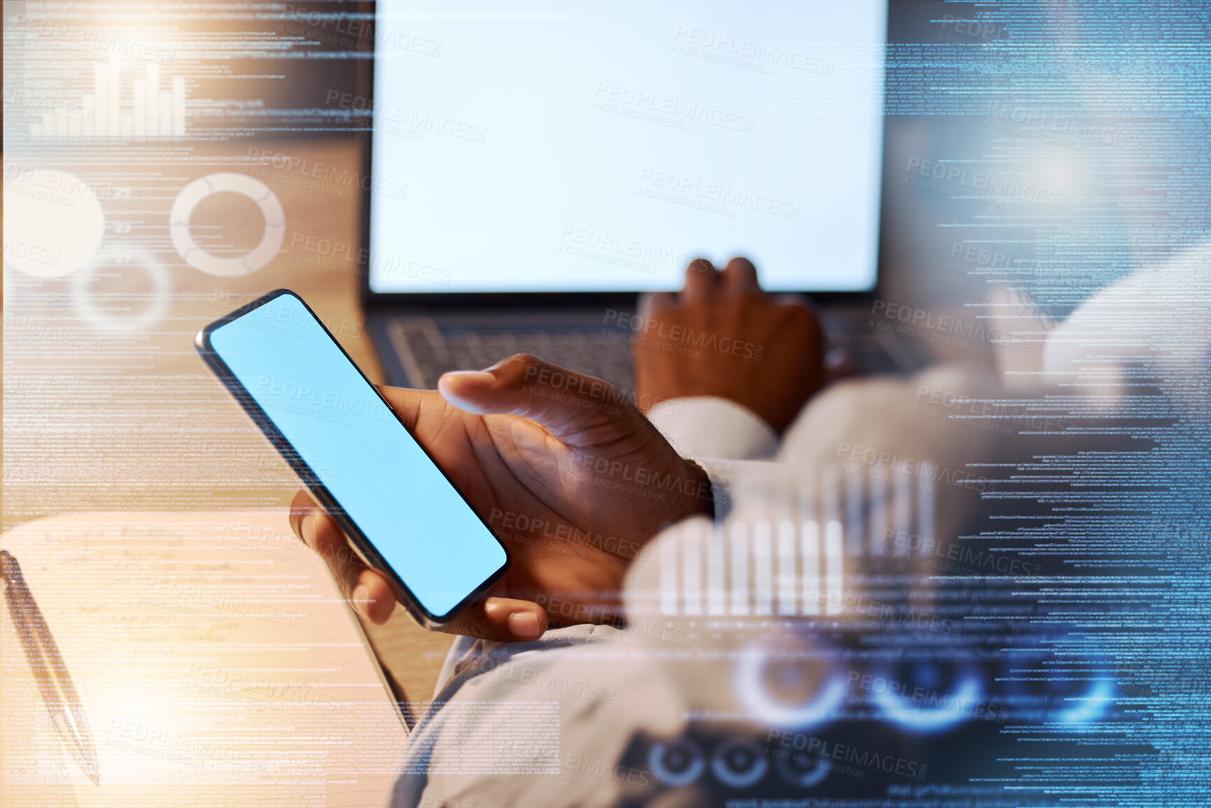 Buy stock photo Businessman, phone and hands on laptop in analytics at night for corporate data or statistics on mockup screen. Hand of man working late on smartphone or computer display for app analysis on overlay