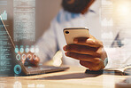 Businessman, phone and hands on laptop in analytics at night for corporate data, statistics or dashboard at office. Hand of black man working on smartphone and computer in company analysis on overlay