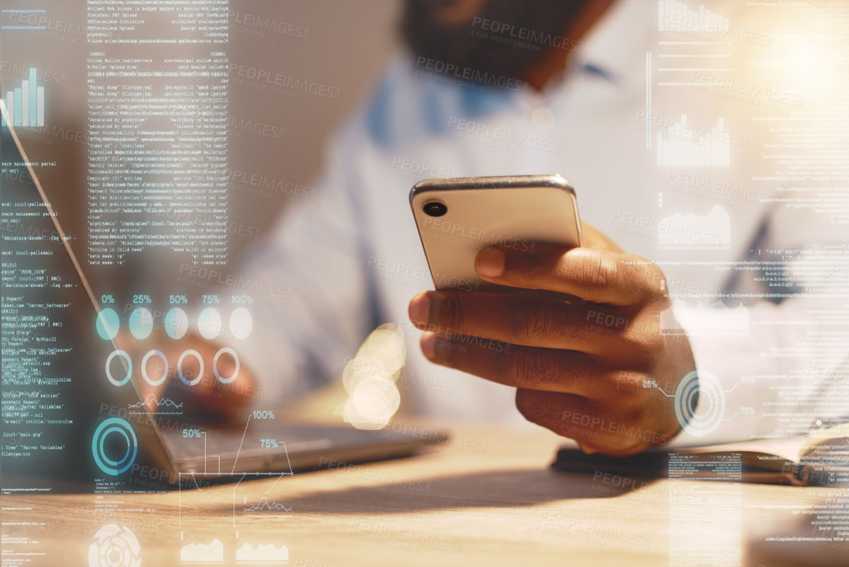 Buy stock photo Businessman, phone and hands on laptop in analytics at night for corporate data, statistics or dashboard at office. Hand of black man working on smartphone and computer in company analysis on overlay