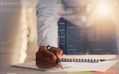 Buy stock photo Businessman, hands and writing at night on stock market analysis, finance or cryptocurrency on office desk. Hand of man in financial trading analytics or investing working late with dashboard overlay