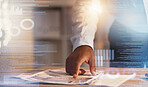 Businessman, hands and document at night for reading, paperwork or planning strategy on office desk. Hand of man working late pointing on paper for project plan, idea or information on data overlay