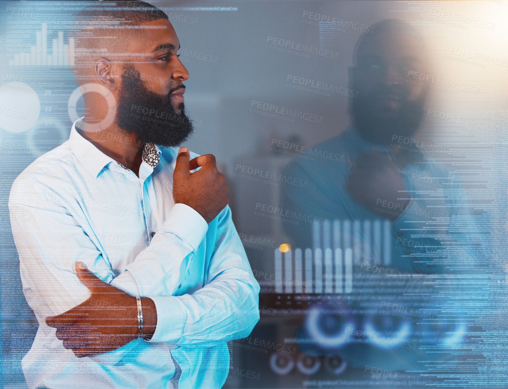 Buy stock photo Black man, thinking and planning business strategy, idea or decision making in window reflection at night office. African businessman contemplating project plan or statistics late on data overlay