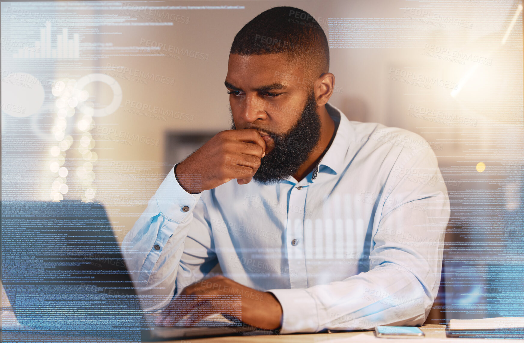 Buy stock photo Thinking, finance hologram and black man on laptop working on stock trading, data analytics and research. Digital overlay, business and male worker with ideas, brainstorming and strategy on computer