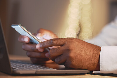 Buy stock photo Business man, hands and phone by a laptop typing a message for work networking. Hand closeup, bokeh and online management of a employee working and planning a job schedule with technology and email