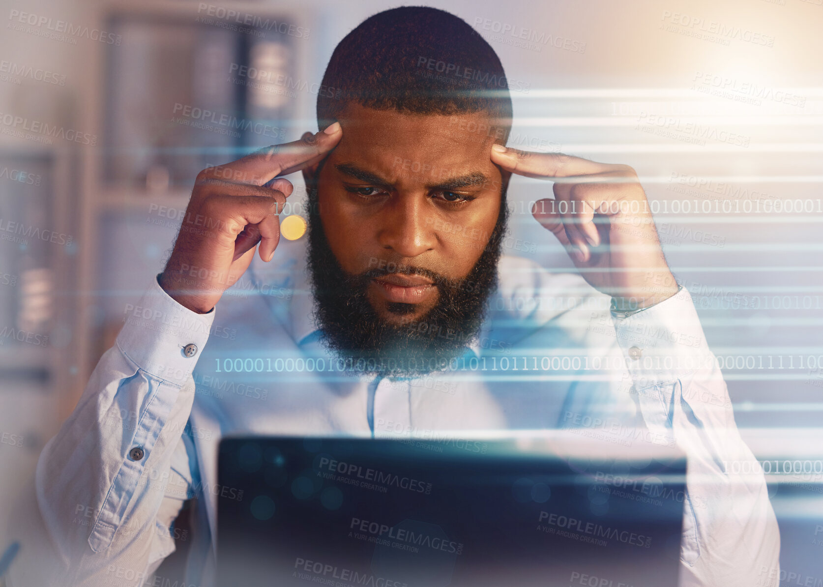 Buy stock photo Thinking, finance hologram and black man on laptop working on stock trading, data analytics and research. Digital overlay, business and male worker with ideas, brainstorming and strategy on computer