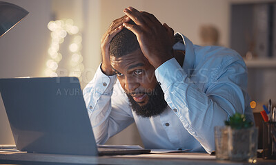 Stress, worry and black man on laptop at night working late on project deadline, online glitch and problem. Burnout, business and male worker with worried, frustrated and stressed face on computer