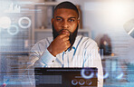 Thinking, finance hologram and portrait of black man on laptop for stock trading, data analytics and research. Digital overlay, business and male with ideas, brainstorming and strategy on computer