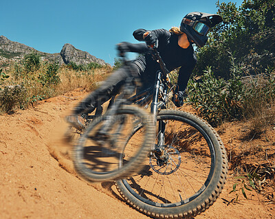 Buy stock photo Cycling, fast and extreme sports with man on mountain bike for adventure, fitness and adrenaline junkie. Exercise, risk and motion blur with male athlete in nature for workout, training and speed