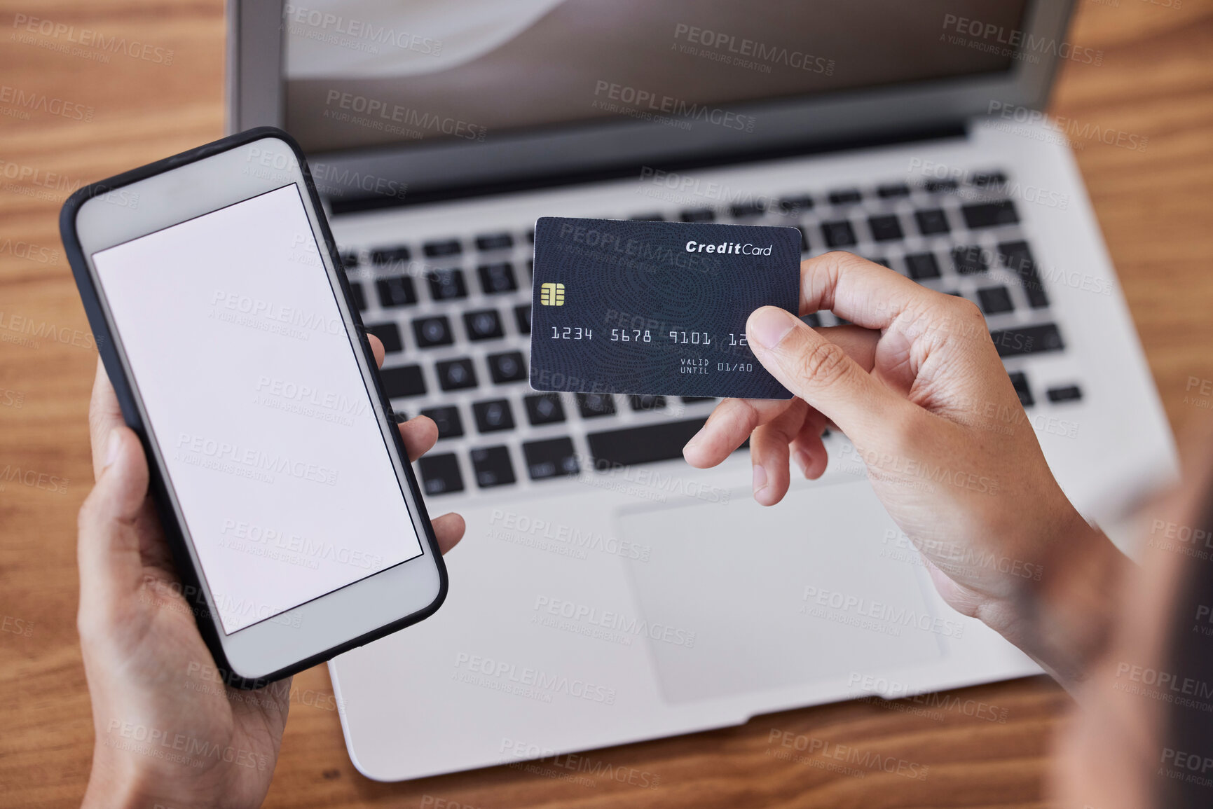 Buy stock photo Hands, credit card and phone mockup for ecommerce, purchase or electronic transaction at office desk. Hand of shopper holding mobile smartphone display for internet banking, app or online shopping