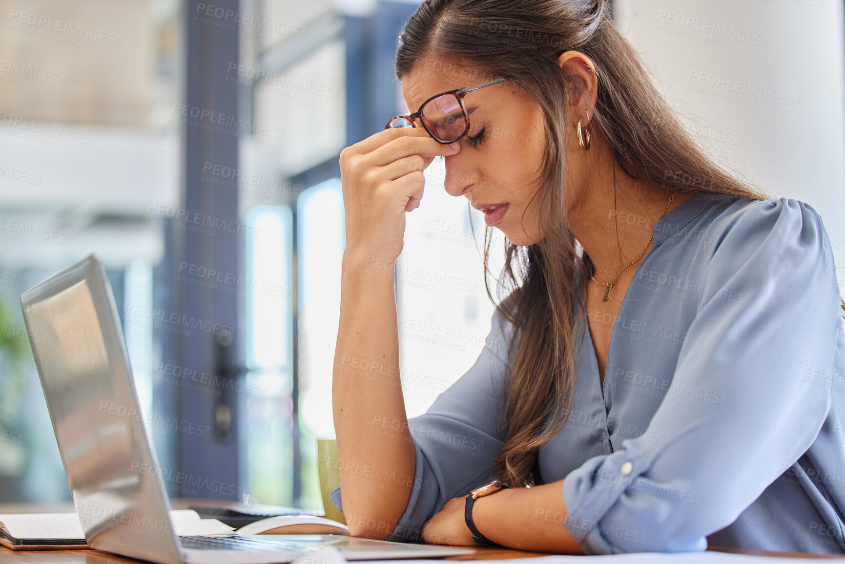 Buy stock photo Stress, problem and business woman with headache, anxiety or workload pressure in office. Burnout, pain and financial advisor suffering migraine, ache or anxious while checking tax documents deadline