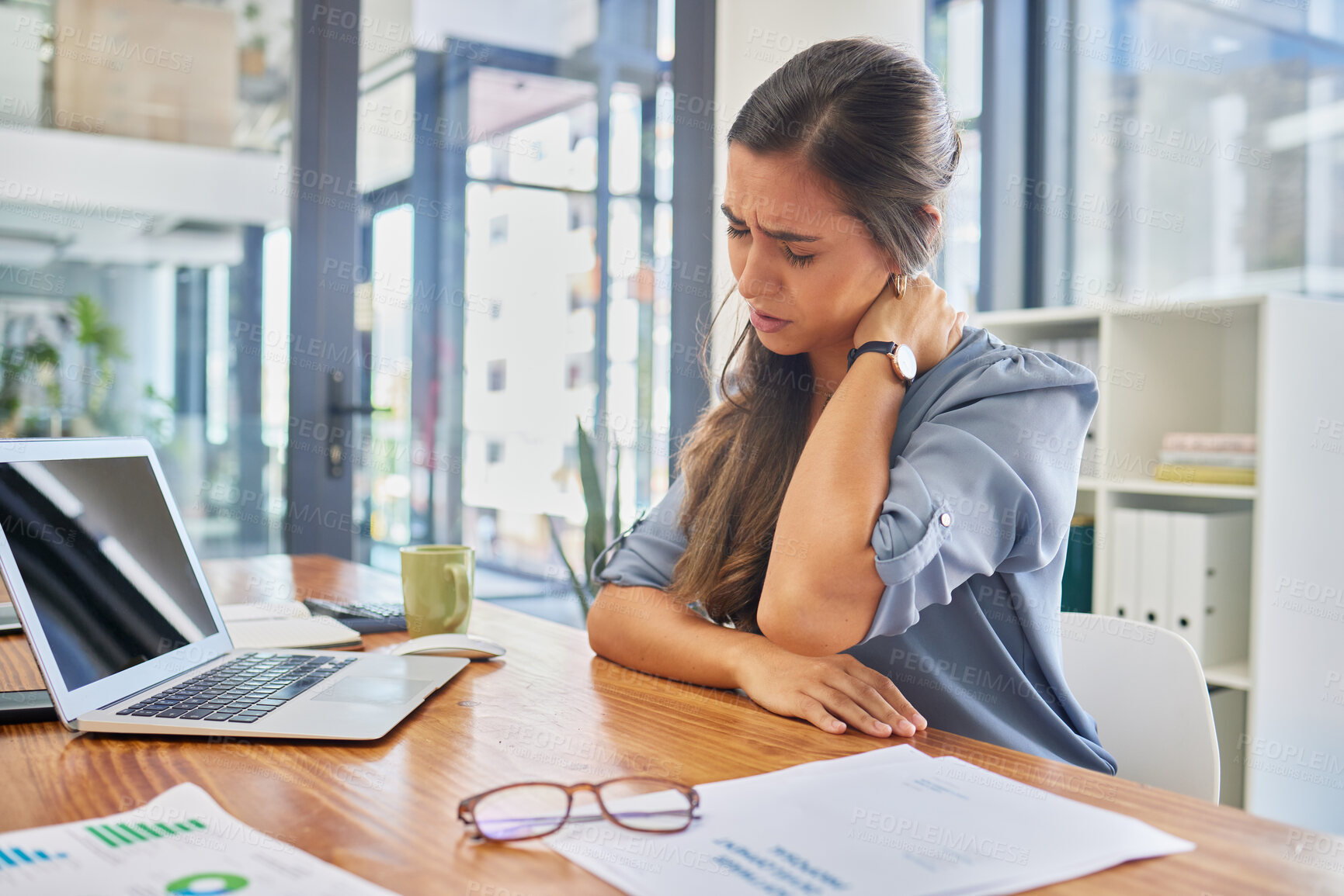 Buy stock photo Stress, problem and business woman with neck pain, anxiety or posture issue in office. Burnout, fatigue and financial advisor suffering injury, arthritis or fibromyalgia while checking tax documents