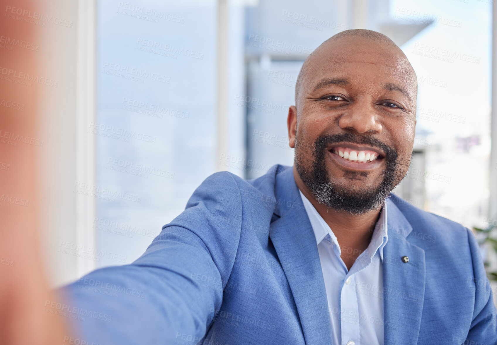 Buy stock photo Happy black man, mature or selfie portrait for about us, company profile picture or CEO business introduction. Smile, face or corporate photography of manager person, worker or employee social media