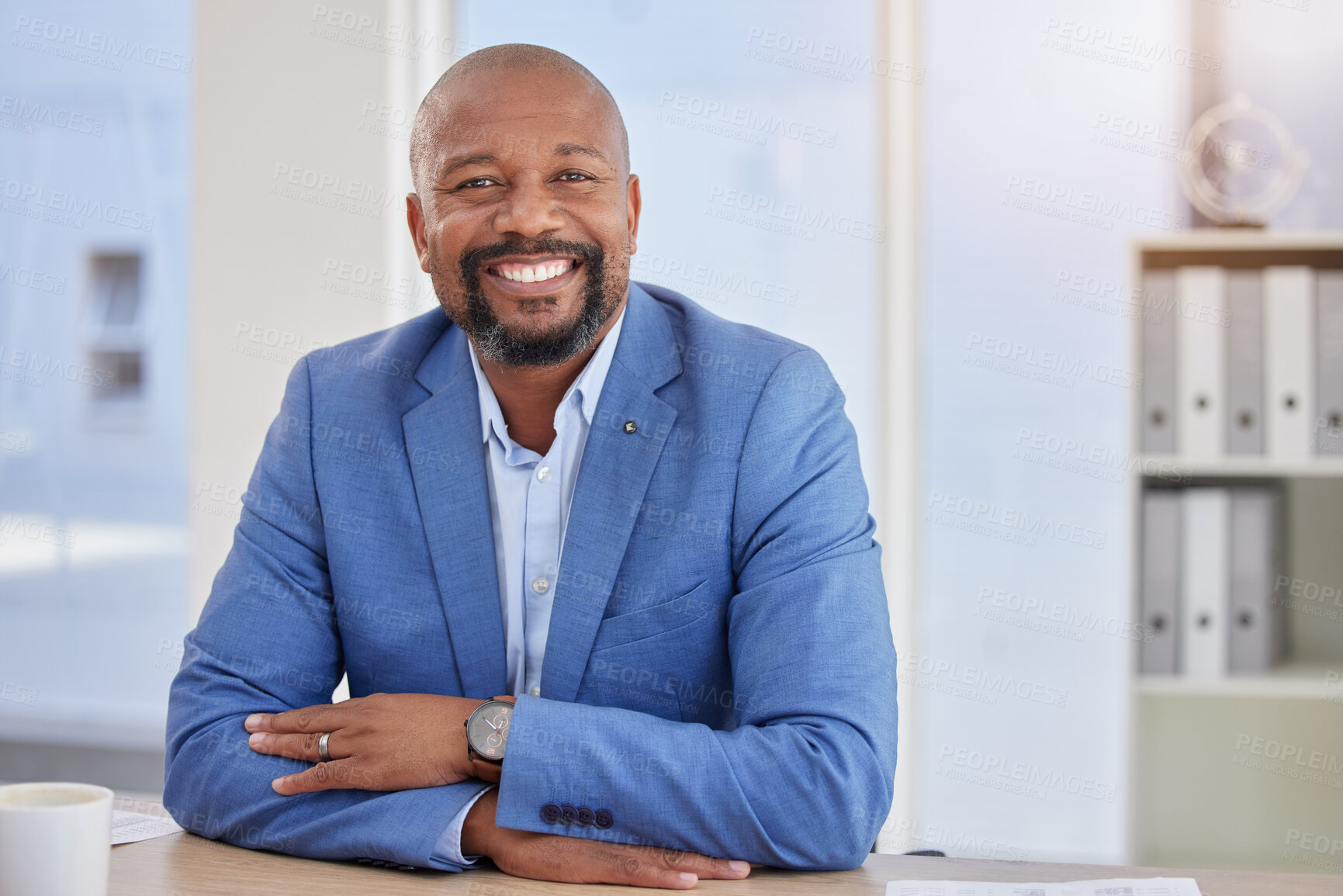 Buy stock photo Happy black man, mature or portrait in finance office about us, company profile picture or CEO introduction. Smile, corporate or management person with business investment, savings or financial ideas