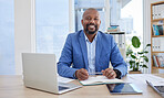 Black man, portrait and laptop for notebook finance, investment growth or savings budget in financial business office. Smile, happy or mature corporate person with technology app or accounting paper