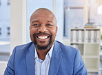 Happy black man, mature or portrait in corporate office, company about us or company profile picture of CEO introduction. Smile, face or management person face and financial growth or success mindset