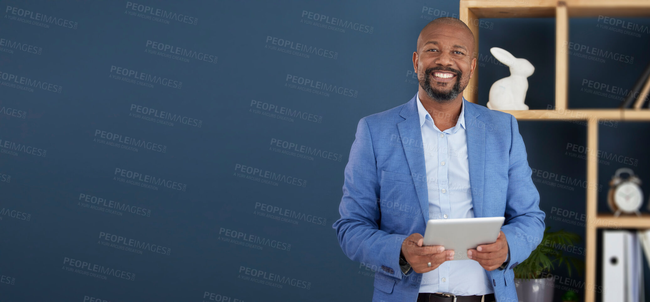 Buy stock photo Black man, business and tablet for corporate management, planning or strategy on mockup at the office. Portrait of confident African American male CEO holding touchscreen for marketing on copy space