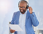 Black man, call center and business consulting with script for telemarketing, sales or customer service at office. Happy African American male salesman with headphones and policy for communication