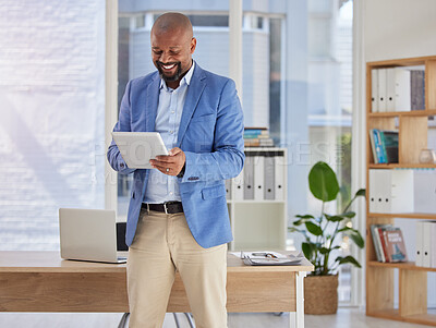 Buy stock photo Happy, tablet and research with black man in office for digital, communication and email. Internet, technology and corporate with male employee in agency for planning, online and business networking