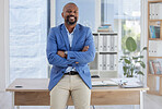 Happy black man, arms crossed and mature portrait in corporate office, company about us or profile picture of CEO introduction. Smile, confident and management person with financial success mindset