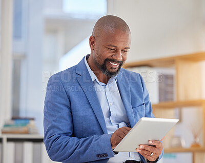 Buy stock photo Smile, tablet and search with black man in office for digital, communication and email. Internet, technology and corporate with male employee in agency for planning, browsing online and networking