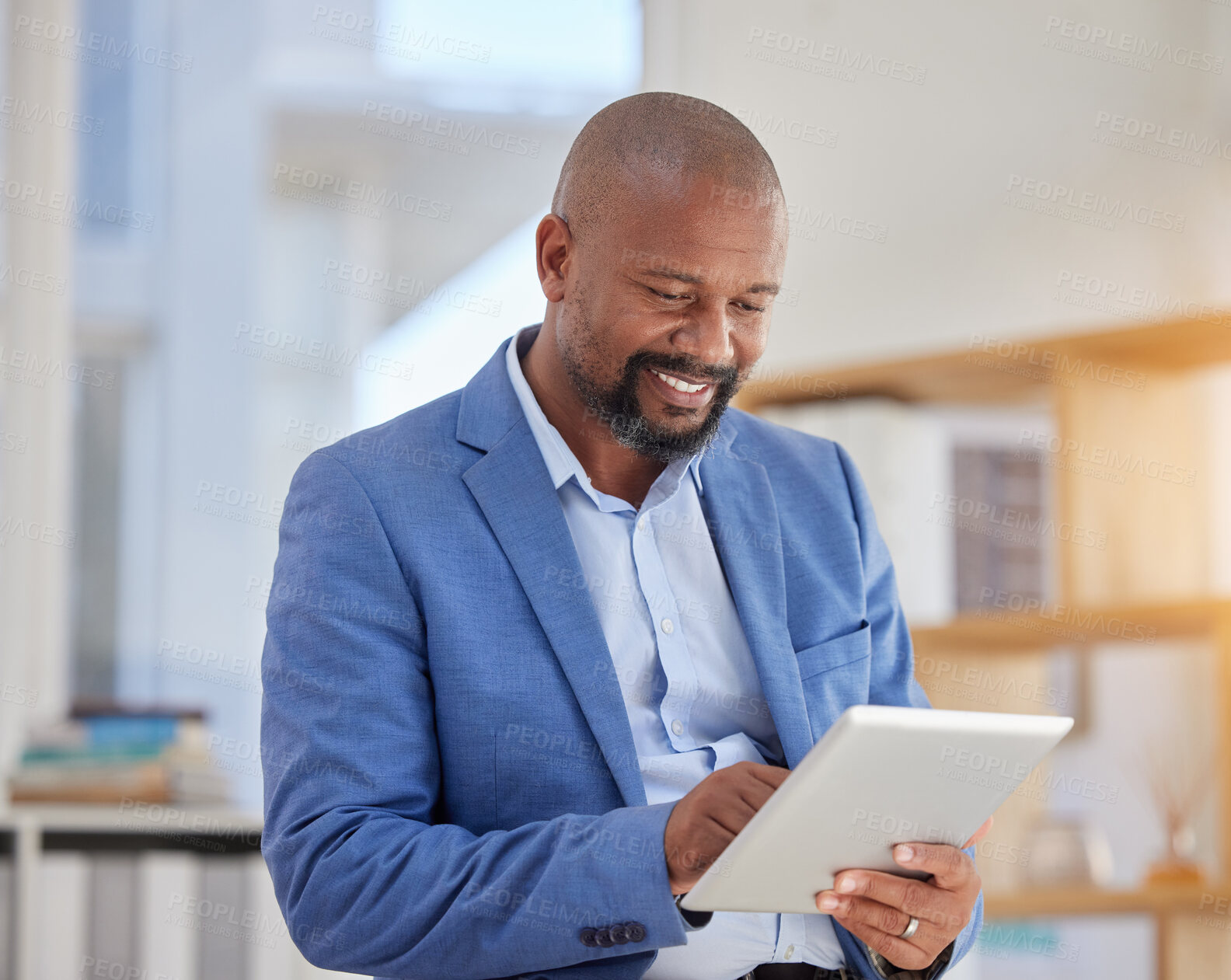 Buy stock photo Smile, tablet and search with black man in office for digital, communication and email. Internet, technology and corporate with male employee in agency for planning, browsing online and networking