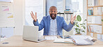 Black man, portrait and wow success in finance office for investment growth, savings budget or financial profit. Smile, happy and winner corporate worker with laptop, paper or insurance achievement