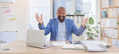 Buy stock photo Black man, portrait and wow success in finance office for investment growth, savings budget or financial profit. Smile, happy and winner corporate worker with laptop, paper or insurance achievement