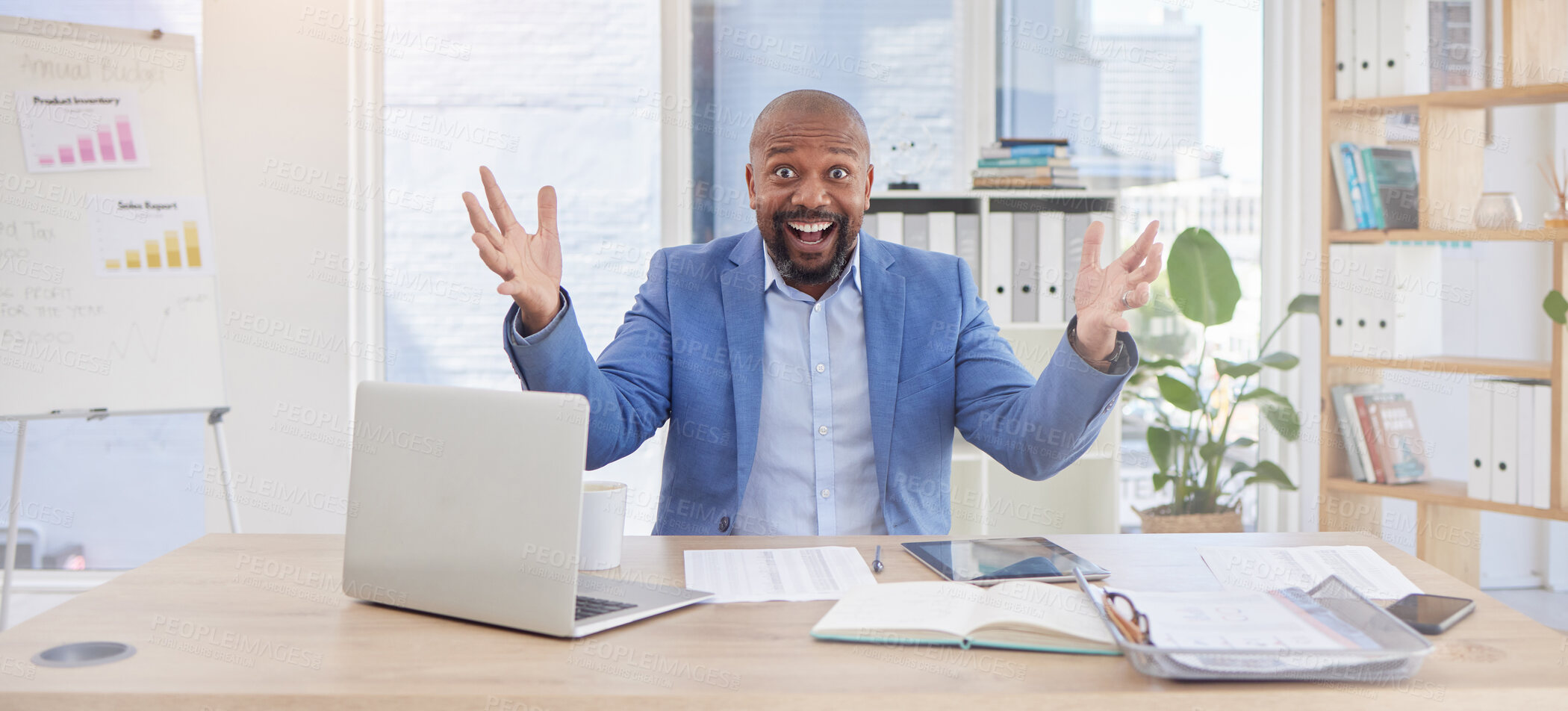 Buy stock photo Black man, portrait and wow success in finance office for investment growth, savings budget or financial profit. Smile, happy and winner corporate worker with laptop, paper or insurance achievement