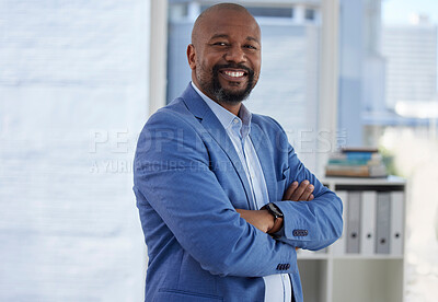 Buy stock photo Happy black man, arms crossed or office portrait of corporate motivation in company about us or profile picture. Smile, confident or mature management person and success mindset or CEO introduction