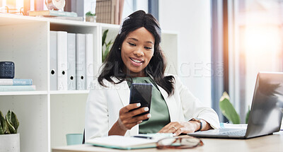 Buy stock photo Phone, office and business black woman or hr manager reading happy web post, company social media and mobile app. Worker, employee or Human Resources person, recruitment tech and cellphone networking