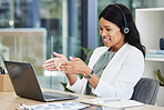 Video call center of black woman, agent or consultant in office online meeting, virtual communication or telecom on laptop. Business worker or happy person consulting, speaking or advice on computer