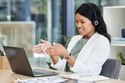 Buy stock photo Video call center of black woman, agent or consultant in office online meeting, virtual communication or telecom on laptop. Business worker or happy person consulting, speaking or advice on computer