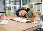 Tired woman sleeping on her desk with office depression, burnout and mental health risk for project deadline or overworked. Business African person, worker or employee sleep, fatigue and low energy